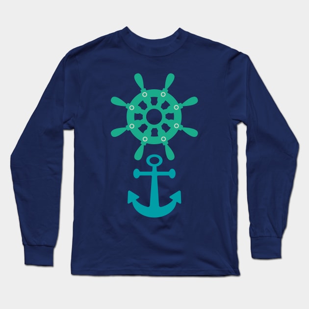 NAUTICAL SHIP'S WHEEL AND ANCHOR Coastal Seashore Boat Wheel - UnBlink Studio by Jackie Tahara Long Sleeve T-Shirt by UnBlink Studio by Jackie Tahara